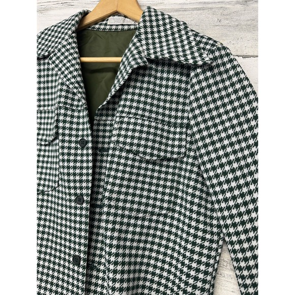 Vintage Women's Medium Sweater Jacket Shacket Green White Houndstooth Button Up - Picture 4 of 7